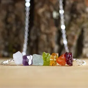 Stylish Yoga Gemstone Rainbow Necklace Garnet, Aquamarine Raw Crystal Seven Chakras Bar Necklace