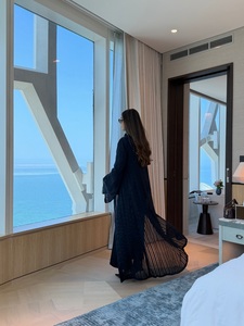 Hafizah Neue Marineblaue Vertikal Gestreifte Transparente Offene Abaya Langarm Lose Bescheidene Dubai Muslimische Damen Lange Kimono Strickjacke Großhandel - Product Image 5