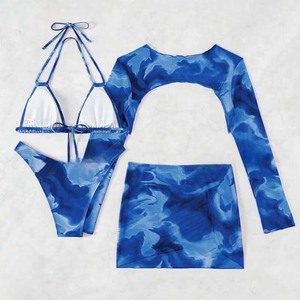 جديد مثير طباعة صلبة التجاعيد الرسن طويلة الأكمام الدانتيل التستر 4 قطع مجموعات بيكيني ملابس السباحة مخصص النساء ملابس السباحة - Product Image 4