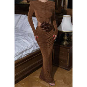 Vestido de Noche Formal Marrón Fierello, Talla XS-XL, Cintura Imperio, Estilo Romántico, Decoración con Lentejuelas, para Fiestas Formales - Product Image 5