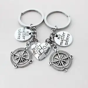 Lilangda 2pcs BBF Best Friends Key Chain Ring Set No Matter Where Compass Split Broken Heart Friend Gift Unisex Compass friendsh