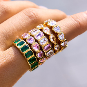 Pink Green Zircon <b>Ring</b> <b>Set</b> Women's <b>Gold</b> Tone Channel Setting Geometric Fashion Jewelry Gift Occasion - Product Image 4