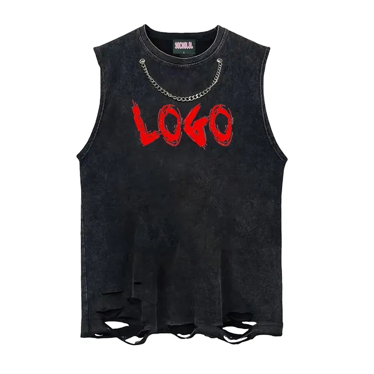 Özel Logo tasarım asit yıkama sıkıntılı ham Hem kolsuz T Shirt boy yıkanmış yırtık erkek tankı üstleri