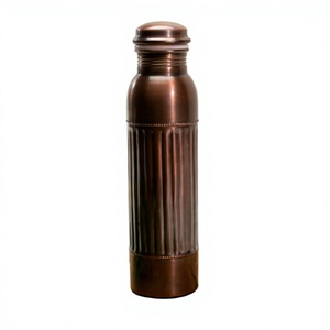 Antique Dark Bronze Finish Pure Copper Water <b>Bottle</b> With Fluted Ribbed Textured Grip Band Handcrafted Rustic Copper Water <b>Flask</b> - Product Image 1