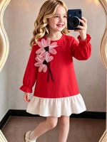 Robe rouge pour filles, nouvelle mode transfrontalière 2026, ODM, avec nœud uni, fleur tridimensionnelle et empiècement feuille de lotus