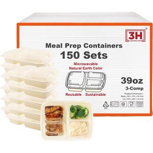 Recipientes para preparar comidas con 3 compartimentos [paquete de 150, 39 oz] con tapas, reutilizables, recipientes para llevar comida, aptos para microondas/lavavajillas/congelador - Product Image 1