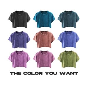 مخصص الصيف جولة الرقبة فارغة المحاصيل أعلى الشارع ارتداء حمض غسل خمر المتضخم أعلى المحاصيل التي شيرت للنساء - Product Image 3