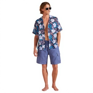 Pantalones Cortos Cargo Azules Sólidos para Hombre, Cintura Media, Cordón Ajustable, Cintura Elástica, Bolsillos, Estilo Casual, Bermuda, 100% Algodón, Tela Oxford - Product Image 3