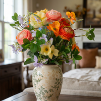 Vintage Pastellfarbenes Frühlings-Blumenarrangement, Mehrfarbiges Seiden-Ranunkel-Mohn-Arrangement mit Blumendruck-Zwiebelvase