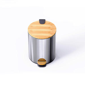 Cubo de Basura de Acero Inoxidable Estilo Europeo, Cilíndrico, con Tapa de Bambú y Pedal, para Cocina, Sala de Estar, Interior, Plateado, Negro, Blanco - Product Image 1