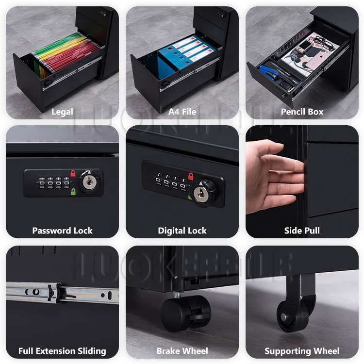 Luokefeile HDG2HMSD3039 Intelligent Electronic Lock File Cabinet Movable 3 Drawer Cabinet Mobile - C