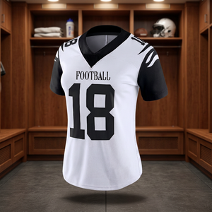 Women's <b>White</b> V-Neck <b>Football</b> Jersey Number 18 Screen Printed Fitted Short Sleeve Polyester Apparel - Product Image 2
