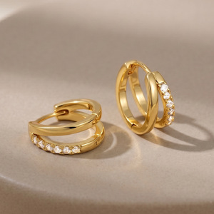 Boucles d'oreilles créoles en zircon creux double couche, design géométrique rond, bijoux cadeau EKA-124 - Product Image 1
