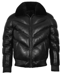 Custom 100% Genuine Black Nappa Leather Men’s Puffer <b>Jacket</b> With Black Fur Trim Private Label OEM/ODM Winter Statement Outerwear - Product Image 1
