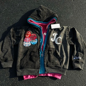 Heavyweight Oversized Acid <b>Wash</b> Zip up Hoodies Distress Patch High Quality Triple Zip Layer Boxy Cropped Hoodie Manufacturer - Product Image 1