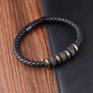 Bracelet en cuir véritable multicouche avec fermoir magnétique en acier inoxydable de haute qualité pour homme L20236