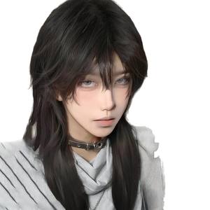 Peluca Larga y Lisa Negra de Fibra Resistente al Calor con Flequillo Lateral para Cosplay, Belleza y Uso Diario - Product Image 1