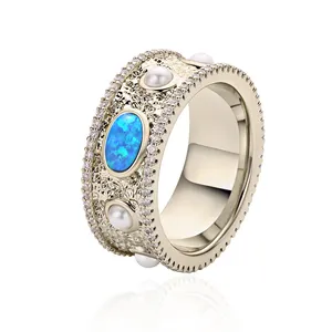013512 Vintage Ethiopian Coffee Gold Fire Blue Opal Stone Band Ring for Women Punk Stylish Diamond Finger Rings Oval Cut Jewelry