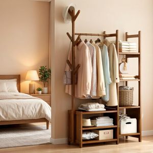 Porte-vêtements SENYU en bambou, étagère de rangement pour chambre à coucher, organisateur de vêtements, porte-chapeaux, armoire avec 6 crochets - Product Image 1