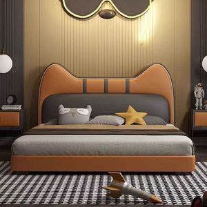 Kinderbett mit Orangefarbenem Katzenkopfteil, Lederpolsterung, Massivholz-Einzelbettgestell für Mädchenzimmer und Jugendzimmer - Product Image 5