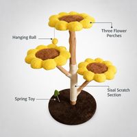 Arbre à chat en bois massif avec griffoir en sisal, trois plateformes tournesol, coussins en peluche, design minimaliste en carton, 107 cm, pour chats