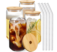 4 Pack 6 Pack 16oz 18oz Set isi 6 dan 4 Gelas Bir Bentuk Kaleng Transparan, Gelas Tumbler Bentuk Kaleng dengan Tutup Bambu dan Sedotan