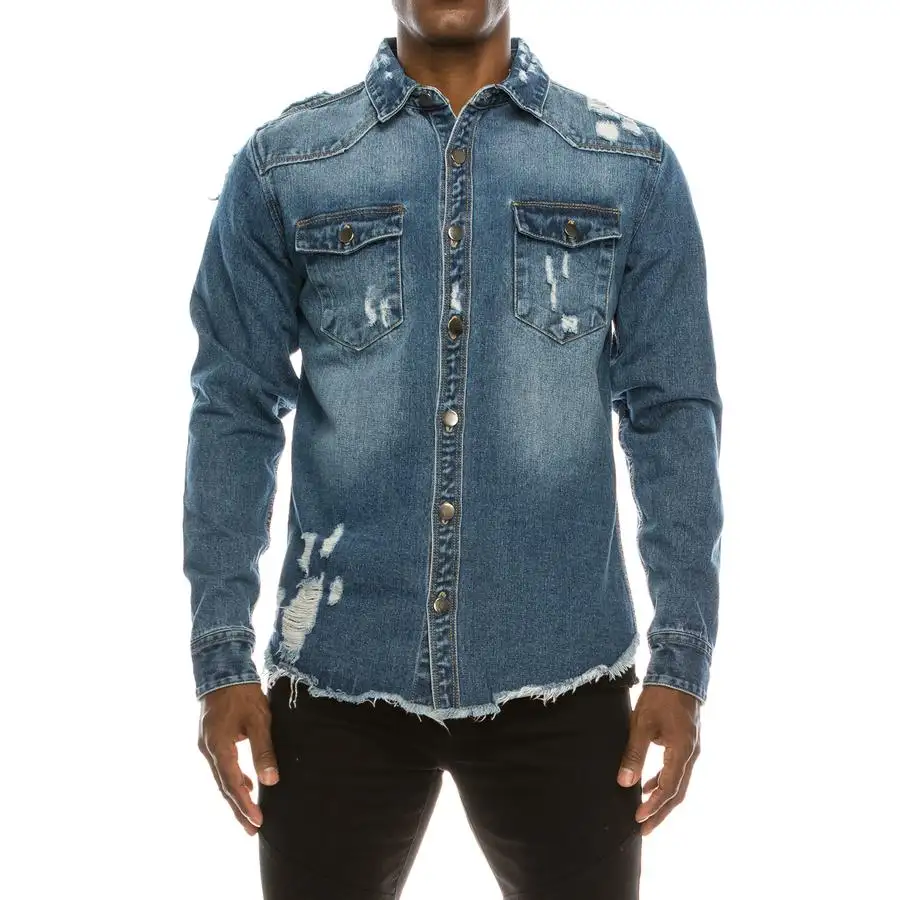 Hoge Kwaliteit Custom Logo Distressed Oversized Effen Blauwe Vintage Knopen Up Heren Twill Denim Jeans Jurk Shirts Voor Mannen