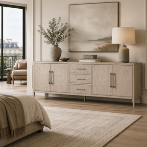 Buffet/Credenza moderne minimaliste en chêne cerisé à 4 portes pour salon, salle à manger, maison contemporaine - Product Image 3