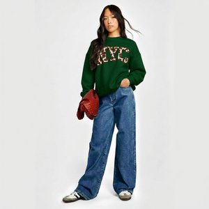 เสื้อสเวตเชิ้ตคอกลมโอเวอร์ไซส์สำหรับผู้หญิง NYC สีเทา พิมพ์ลายตัวอักษร ผ้าคอตตอนผสม ถักทอ สวมใส่สบายๆ ในฤดูใบไม้ร่วง - Product Image 1