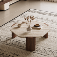 Table basse en travertin de style nordique, table centrale de luxe en bois de frêne avec plateau en pierre Wabi Sabi pour salon