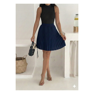 Women's <b>Navy</b> Blue Pleated Mini <b>Skirt</b> Elastic Waist <b>Satin</b> Fabric 45 Cm Length - Product Image 6