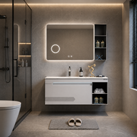 Armoire de salle de bain à miroir LED en verre trempé avec éclairage d'ambiance, design géométrique, rangement ouvert, durable et résistant à l'humidité