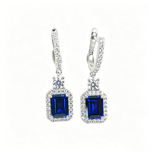 925 silver emerald cut sapphire <b>earrings</b> with double circle surround <b>earrings</b> - Product Image 1