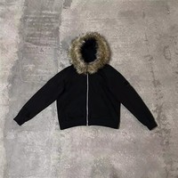 Fabricant de vêtements – Sweat à capuche court et ample pour homme, 400 g/m², en molleton 100 % coton, avec capuche amovible en fausse fourrure véritable, fermeture éclair