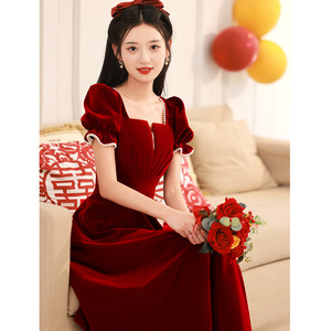 Women's Burgundy Velvet Engagement Dress Square Collar A-Line Mid Length Vintage <b>Wedding</b> Toast Dress - Product Image 4