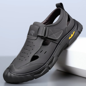 New Arrival Men's Hook and Loop Closed Toe Leather <b>Sandals</b> Hand Sewn Hollow Breathable Casual Summer <b>Sandals</b> - Product Image 2