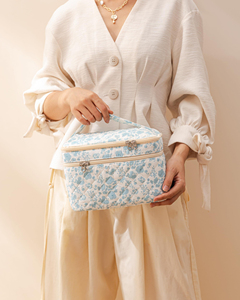 Double Layer <b>Large</b> Cotton Quilted Makeup Pouch Soft Cosmetic Organizer with Handles - Product Image 6