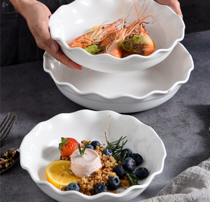 Ensemble de bols en céramique à bord festonné avec logo personnalisé, bols de service empilables à bord ondulé, bols à salade et à pâtes, pour hôtel, restaurant, mariage, fête - Product Image 4