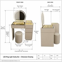 Coiffeuse moderne extensible et réglable avec miroir rond éclairé par LED et commode à 3 tiroirs en verre pour chambre à coucher