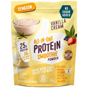 Poudre de protéines de lactosérum de bovins nourris à l'herbe OEM, saveur vanille, smoothie, 25 g de protéines, 10 g de collagène, lait de coco biologique, amélioration des os - Product Image 1