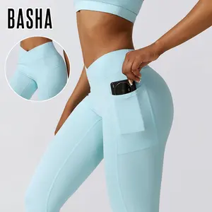 Bashasports Venta al por mayor Nylon Buttery Soft Alta calidad Ropa deportiva al aire libre Ropa Con Bolsos Leggings Mujeres Gym Sport Custom