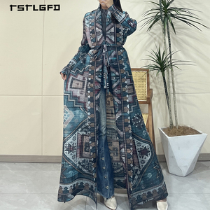 Robe longue plissée pour femme, style Abaya, imprimé tapis persan Kilim, ceinture à nouer, manches longues, modeste, de luxe, ethnique, type kimono - Product Image 4