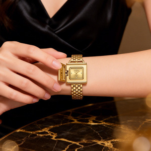 Nouvelle montre de luxe rétro à clapet, petite montre carrée pour femme, en acier doré, étanche, à quartz, montre haut de gamme transfrontalière - Product Image 3