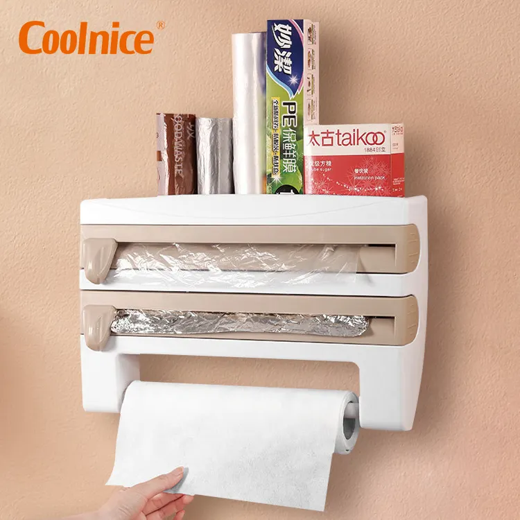 Refrigerator Cling Film Storage Rack Kitchen Shelf Organizer Plastic Wrap Cutting Device Wall Hanging Paper Towel Holder