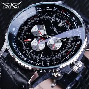 Jaragar AVIGATOR Series Black Genuine Leather Belt 3 Dial Fashion Men Military Automatic Mechanical Wristwatch Top Brand Luxury