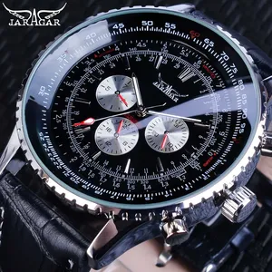 Montre-Bracelet Mécanique Automatique Homme de Luxe Jaragar AVIGATOR Series avec <span class=keywords><strong>Cadran</strong></span> 3 Aiguilles, Bracelet en Cuir Véritable <span class=keywords><strong>Noir</strong></span> – Marque de Renom - Product Image 1