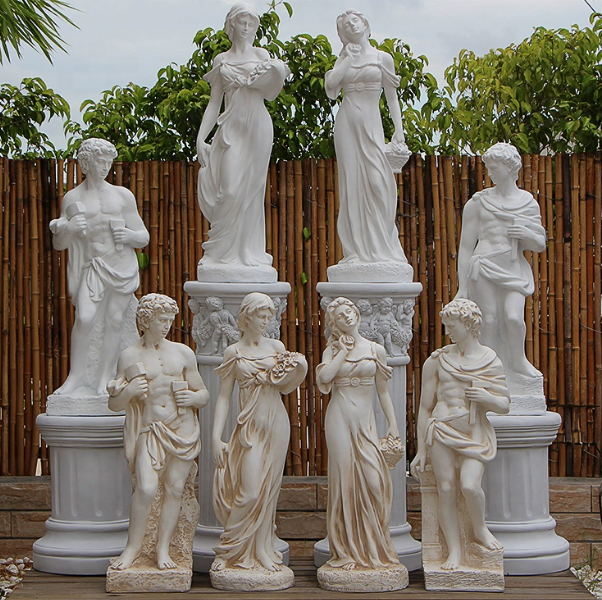 Classical Female Statues Set of 4 - Handcrafted Elegant Garden Goddess Sculptures with Vessels for Luxury Villa