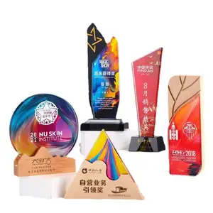 JinZun factory Trophies And Medals Custom letters UV printing Color Solid Wood Base Trophy Crystal Crafts