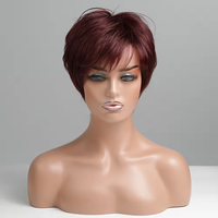 Perruques courtes blondes en cheveux humains mélangés, fabriquées à la machine, coupe pixie avec frange, pour femmes blanches, taille de bonnet moyenne, douces, personnalisables avec dentelle