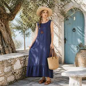 Vestido Maxi de Lino y Algodón Tallas Grandes para Mujer, Sin Mangas, Largo, Verano, Hecho a Mano, Proveedor Mayorista B2B, Fabricante - Product Image 3